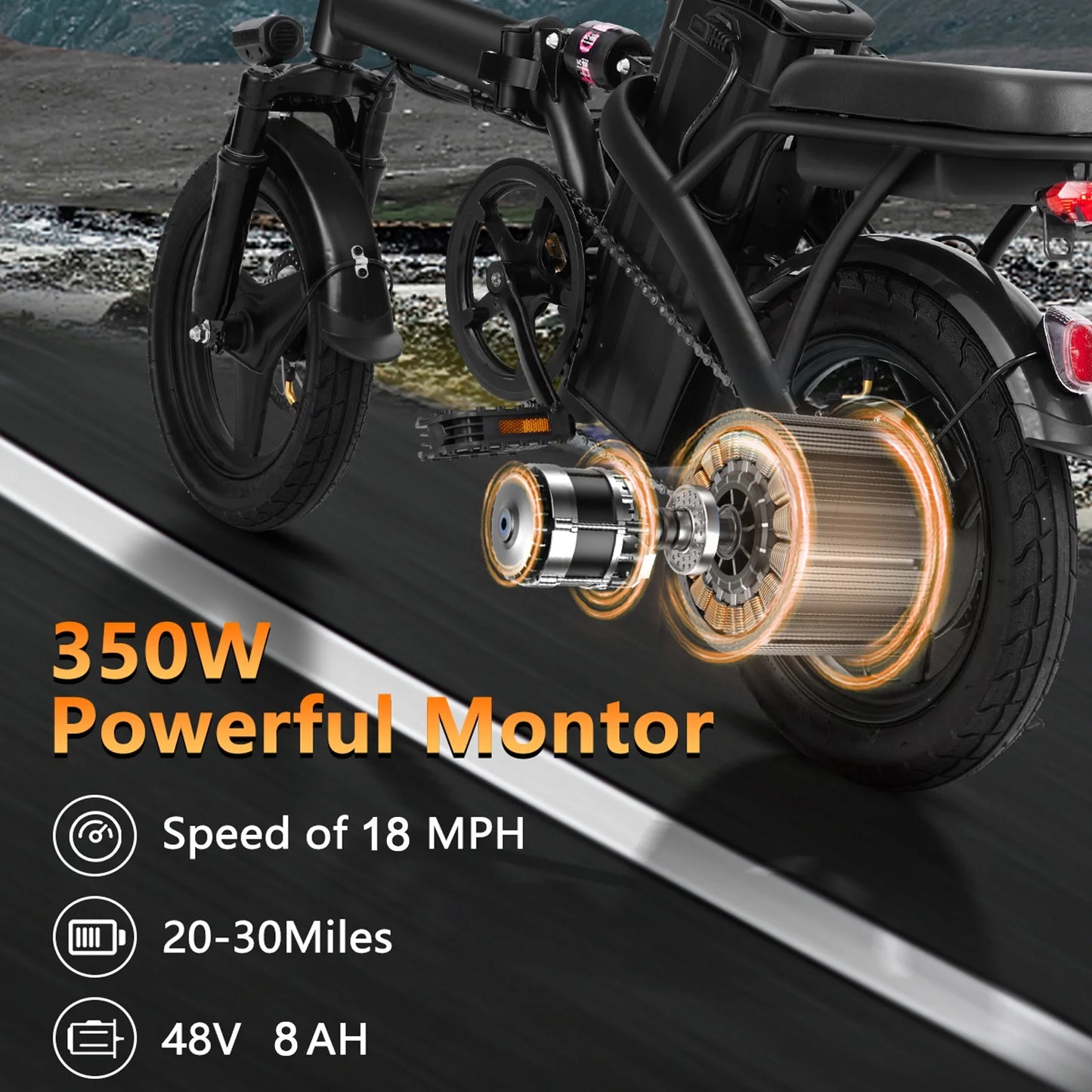 Electric Bike, 18 Mph Electric Bicycles, 350W Peak 500W Motor Foldable Ebike, 14" Tire E-Bike for Adults, 48V 8Ah Battery, 15° Uphill, UL2849 Certified, 25 Miles PAS Range