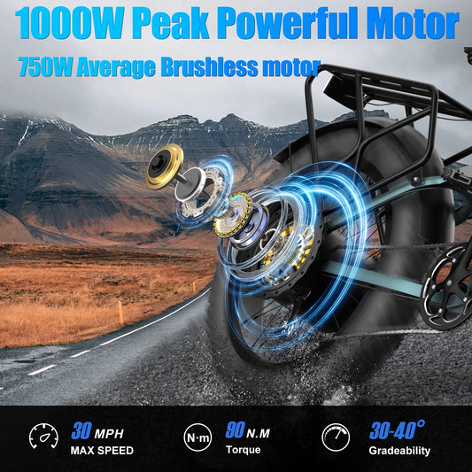 Electric Bike for Adults 26'', 1000W UL2849 48V 40Ah Removable Battery,Fat Tire Ebike up to 30MPH off Road Beach Snow Electric Bicycles Full Suspension & Dual Hydraulic Disc Brakes E-Mountain Bike