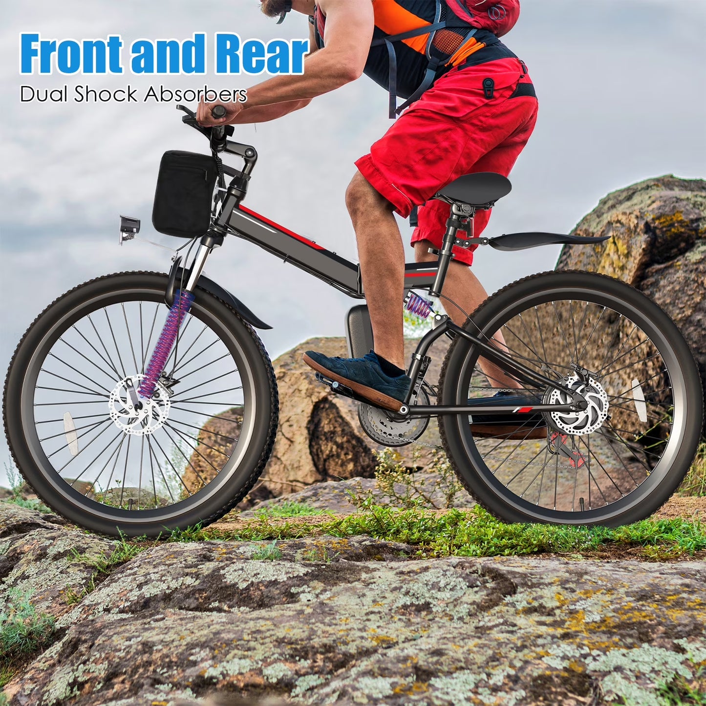 500W 26" Electric Bike Folding Electric Mountain Bike, 22Mph, 48V 7.8Ah Battery Foldable Ebike, 21 Speed, Full Suspension Mountain E-Bikes for Adults Women Men with 5 Riding Modes