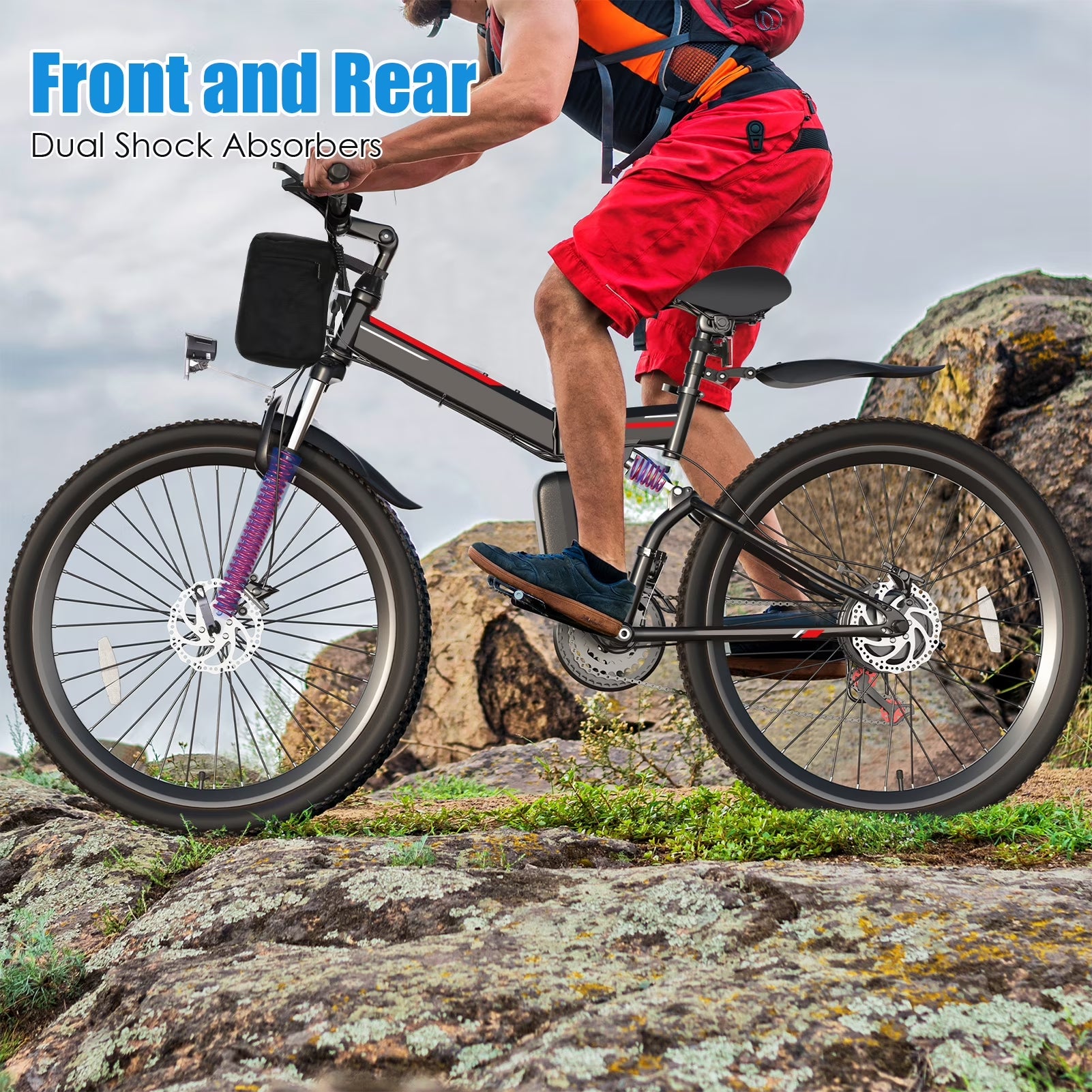 500W 26" Electric Bike Folding Electric Mountain Bike, 22Mph, 48V 7.8Ah Battery Foldable Ebike, 21 Speed, Full Suspension Mountain E-Bikes for Adults Women Men with 5 Riding Modes