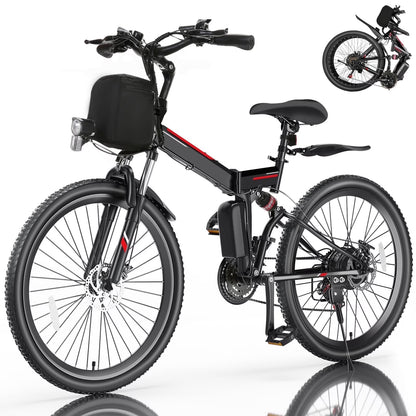 500W 26" Electric Bike Folding Electric Mountain Bike, 22Mph, 48V 7.8Ah Battery Foldable Ebike, 21 Speed, Full Suspension Mountain E-Bikes for Adults Women Men with 5 Riding Modes