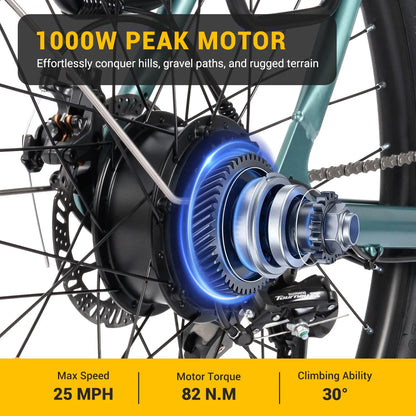 MF25 Electric Bikes for Adults, 1000W Peak Motor, up to 70 Miles, 48V 10.4Ah Built-In Battery, 25 MPH Electric Cruiser Bicycle, 26" 7-Speed Ebikes with Suspension