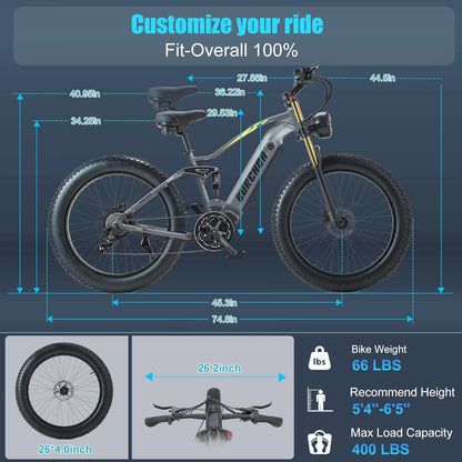 Electric Bike for Adults 26'', 1000W UL2849 48V 40Ah Removable Battery,Fat Tire Ebike up to 30MPH off Road Beach Snow Electric Bicycles Full Suspension & Dual Hydraulic Disc Brakes E-Mountain Bike