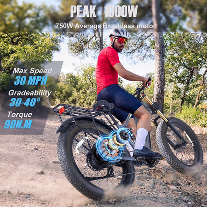 Electric Bike for Adults 26'', 1000W UL2849 48V 40Ah Removable Battery,Fat Tire Ebike up to 30MPH off Road Beach Snow Electric Bicycles Full Suspension & Dual Hydraulic Disc Brakes E-Mountain Bike