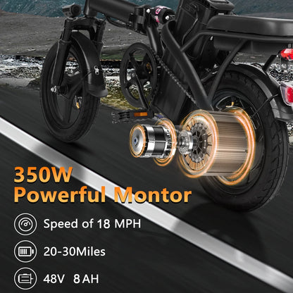 Electric Bike, 18 Mph Electric Bicycles, 350W Peak 500W Motor Foldable Ebike, 14" Tire E-Bike for Adults, 48V 8Ah Battery, 15° Uphill, UL2849 Certified, 25 Miles PAS Range