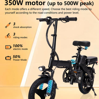 Electric Bike, 18 Mph Electric Bicycles, 350W Peak 500W Motor Foldable Ebike, 14" Tire E-Bike for Adults, 48V 8Ah Battery, 15° Uphill, UL2849 Certified, 25 Miles PAS Range