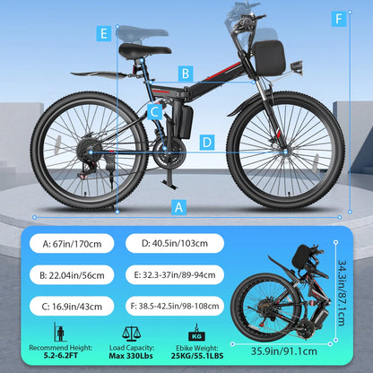 500W 26" Electric Bike Folding Electric Mountain Bike, 22Mph, 48V 7.8Ah Battery Foldable Ebike, 21 Speed, Full Suspension Mountain E-Bikes for Adults Women Men with 5 Riding Modes