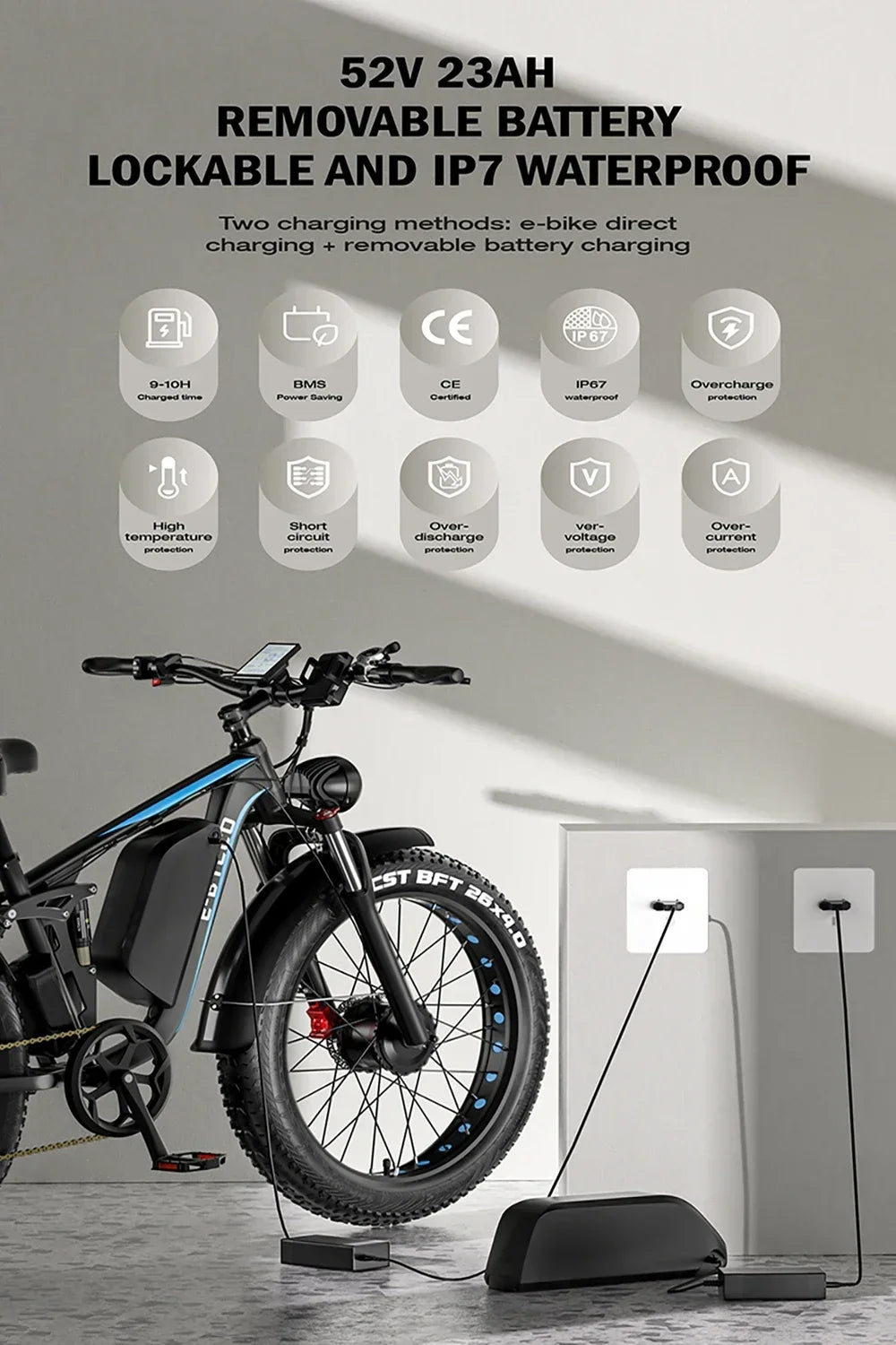 Off-Road Full Suspension Electric Bike 2000W Dual Motor 52V 23AH Battery Mountain Electric Bike 26 Inch Fat Tire Electric Bike