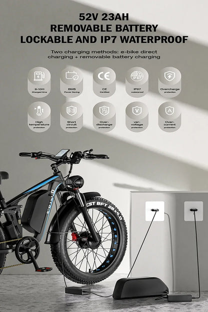 Off-Road Full Suspension Electric Bike 2000W Dual Motor 52V 23AH Battery Mountain Electric Bike 26 Inch Fat Tire Electric Bike
