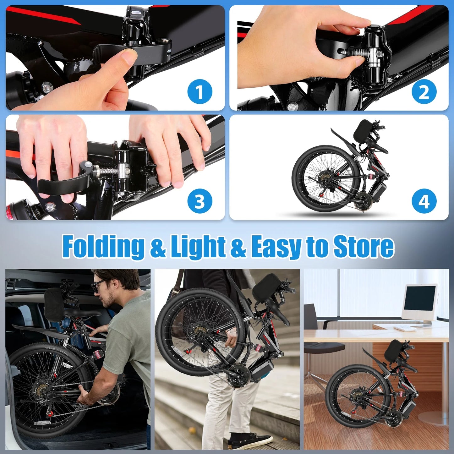500W 26" Electric Bike Folding Electric Mountain Bike, 22Mph, 48V 7.8Ah Battery Foldable Ebike, 21 Speed, Full Suspension Mountain E-Bikes for Adults Women Men with 5 Riding Modes