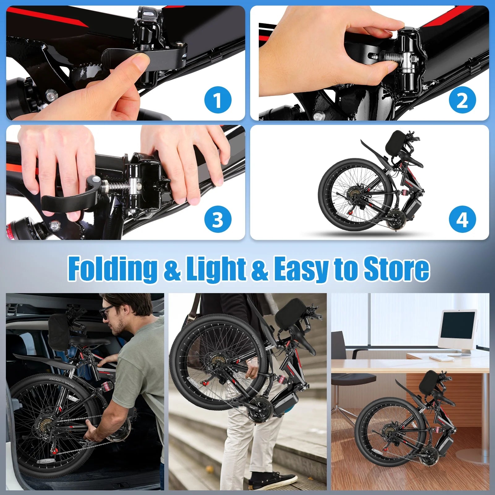 500W 26" Electric Bike Folding Electric Mountain Bike, 22Mph, 48V 7.8Ah Battery Foldable Ebike, 21 Speed, Full Suspension Mountain E-Bikes for Adults Women Men with 5 Riding Modes