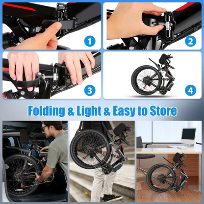 500W 26" Electric Bike Folding Electric Mountain Bike, 22Mph, 48V 7.8Ah Battery Foldable Ebike, 21 Speed, Full Suspension Mountain E-Bikes for Adults Women Men with 5 Riding Modes