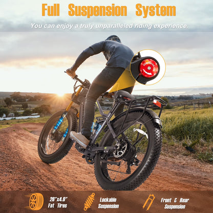Electric Bike for Adults 26'', 1000W UL2849 48V 40Ah Removable Battery,Fat Tire Ebike up to 30MPH off Road Beach Snow Electric Bicycles Full Suspension & Dual Hydraulic Disc Brakes E-Mountain Bike